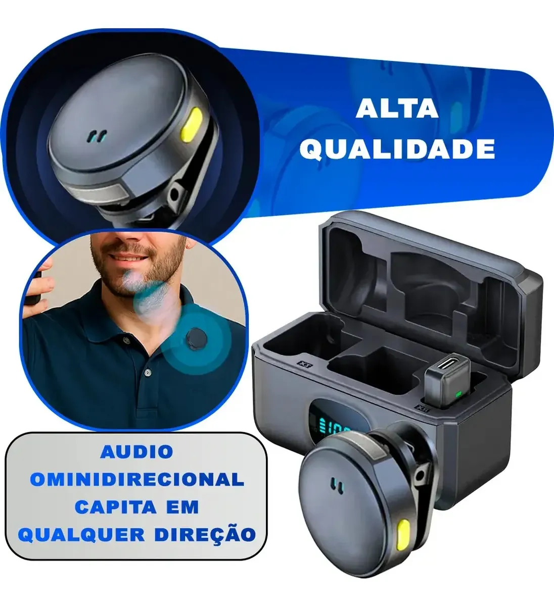 Microfone de lapela duplo sem fio VOZLY com estojo carregador